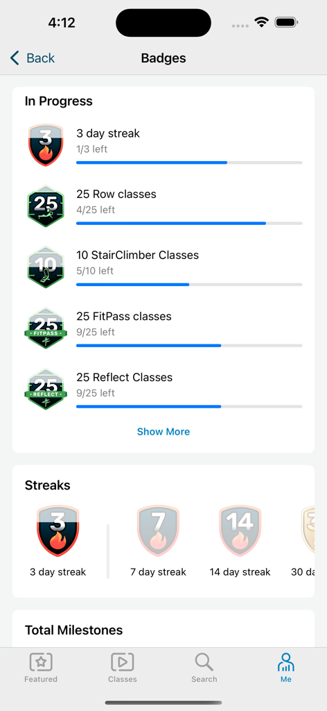 Echelon Fit app interface showing fitness badges, class progress bars, and activity streaks.