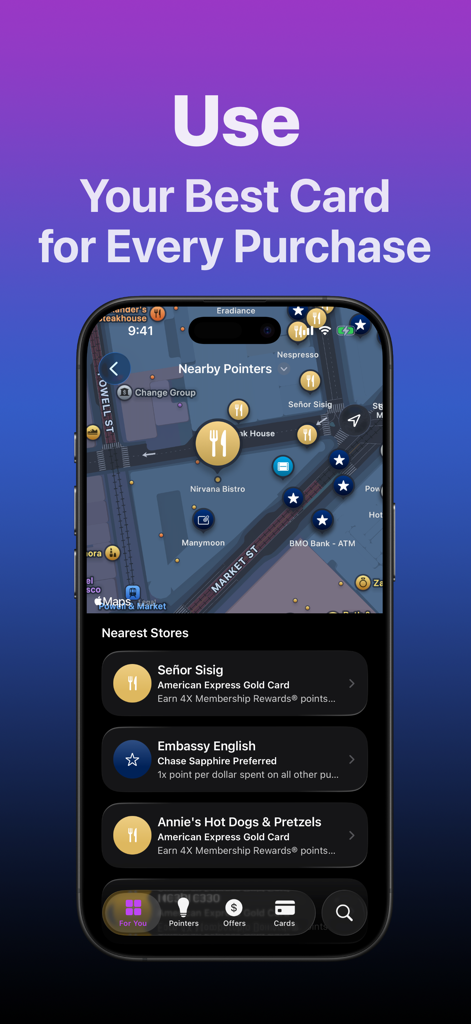 App CardPointers che mostra una mappa con la carta migliore da utilizzare per ottenere premi nei negozi vicini.