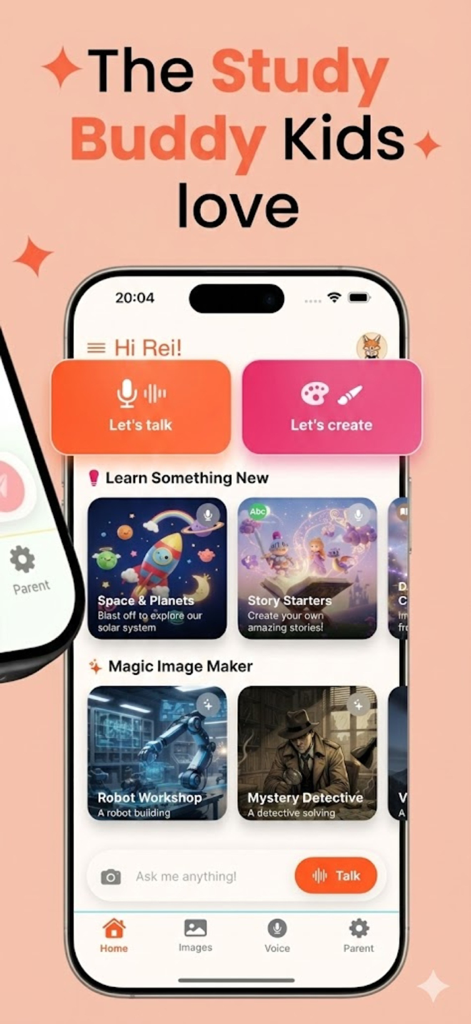 Askie app home screen displaying the study buddy interface with voice talk and creative art features for kids