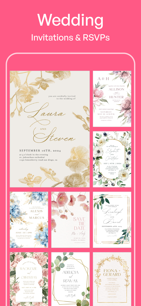 Invitation Maker: Cards & RSVP - A collection of elegant floral and gold wedding invitation designs within the mobile app