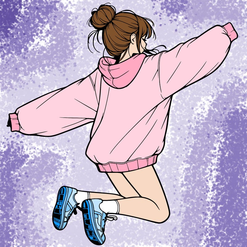 realistic girl jumping with a bun and oversized sweatshirt
