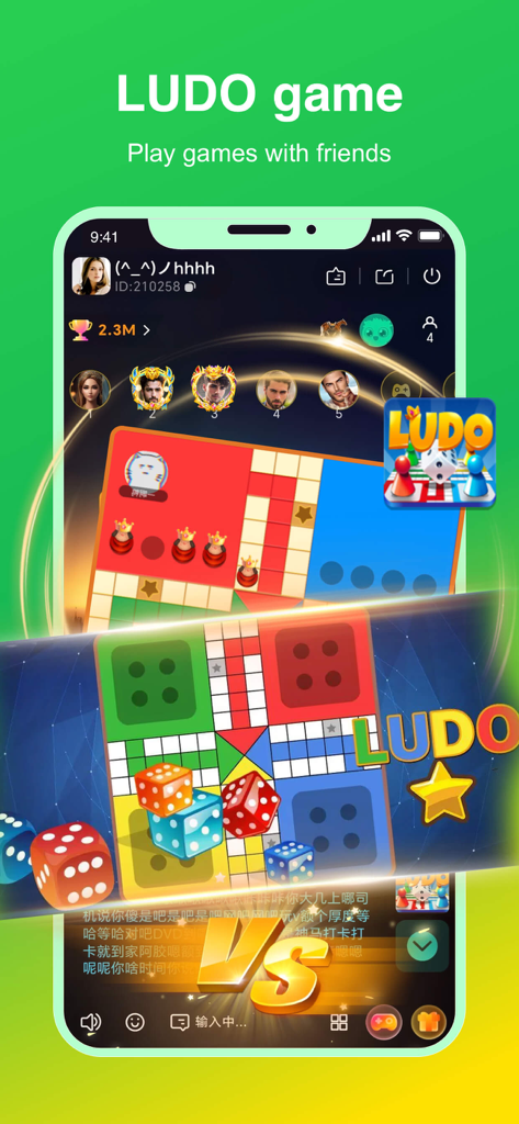 A screenshot of the FoFoChat app showing a multiplayer Ludo game being played with avatars and a voice chat interface