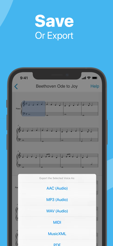 Sheet Music Scanner mobile app showing options to export sheet music as MIDI, MusicXML, and audio files.