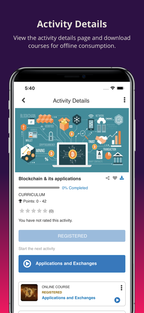 SumTotal Mobile app interface displaying activity details and offline course download options for a blockchain curriculum