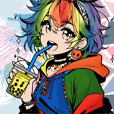 hot baddie anime girl drinking boba and biting the straw