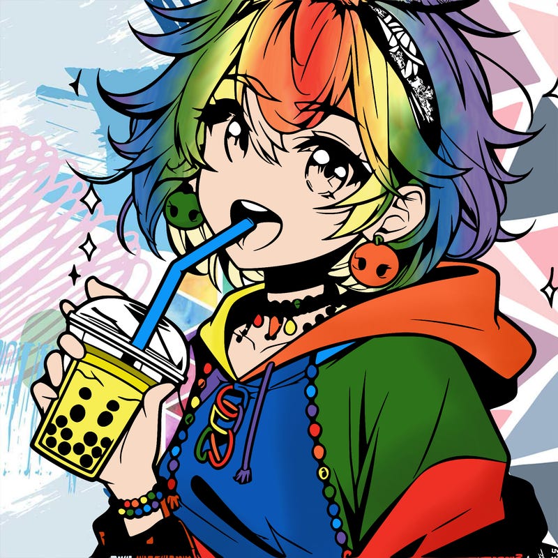 hot baddie anime girl drinking boba and biting the straw