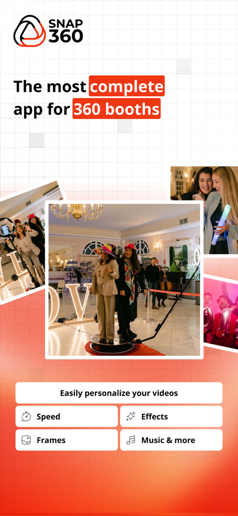Snap360 app interface showing video personalization features for 360 photo booths
