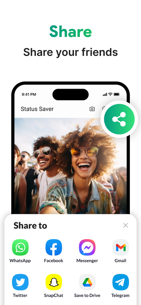 A mobile app screen displaying options to share saved video statuses to various social media platforms.