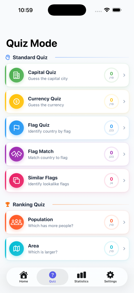 Geography Games. - Quiz Mode selection screen in Geography Games app showing options for capitals, currency, flags, and country rankings.
