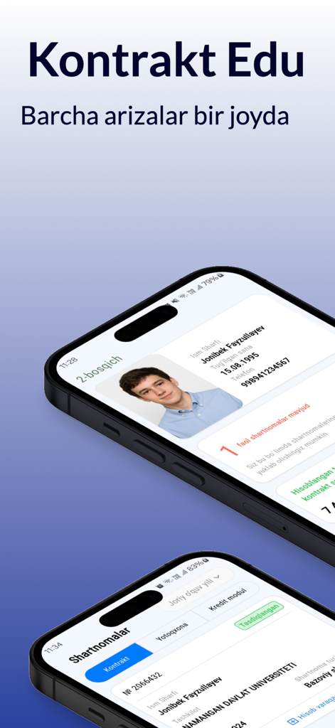 Kontrakt Edu - Captura de pantalla de la aplicación Kontrakt Edu que muestra el perfil del estudiante y los detalles del contrato universitario en un smartphone.