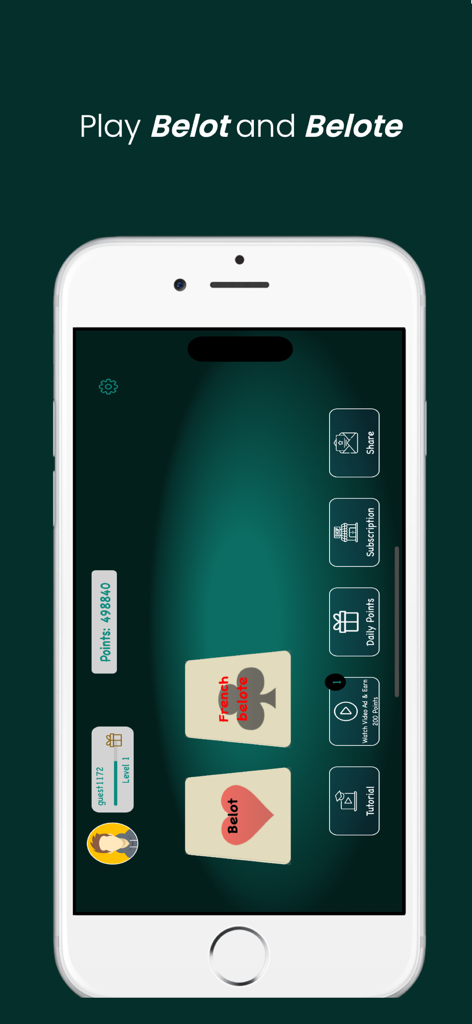 Bela - Belote Online - The main menu of the Bela Belote Online app showing options for Belot and French Belote on a green background