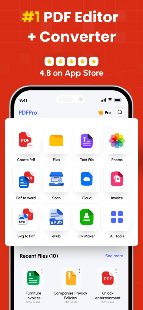 Interfaz de la aplicación Convertidor y Editor de PDF que muestra herramientas para escanear, convertir y crear facturas y currículums.