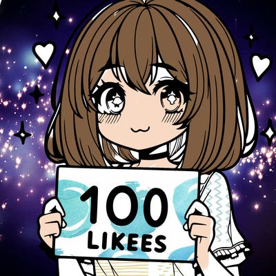 anima girl holding a 100 likes sign in her hand