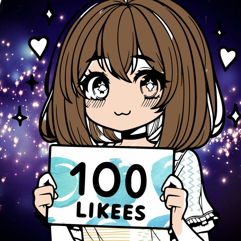anima girl holding a 100 likes sign in her hand