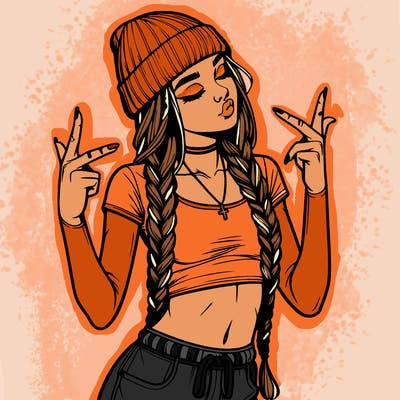 realistic teenage girl with braids and a beanie and crop top doing 🫶🏼