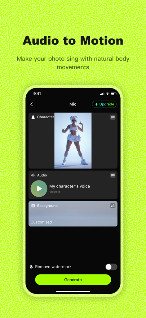 Viggle AI: Meme Maker - Interface do aplicativo Viggle AI mostrando o recurso Audio to Motion para animar um personagem com uma gravação de voz