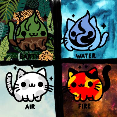 4 cats that represent the different elements, earth, water, air, and fire