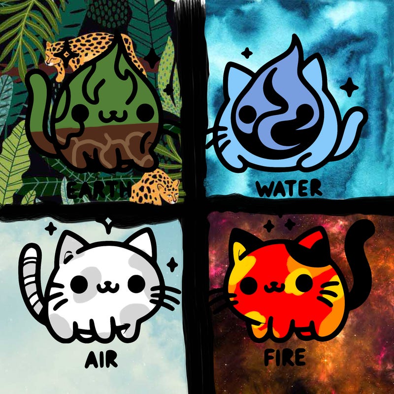 4 cats that represent the different elements, earth, water, air, and fire
