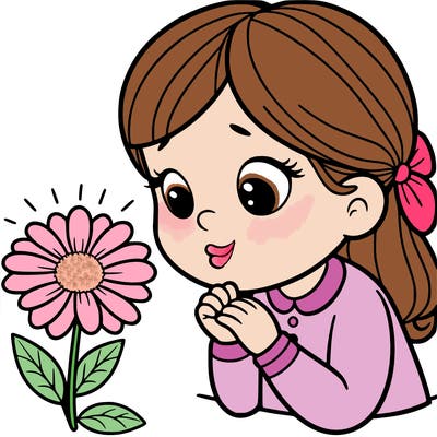 girl looking at flower