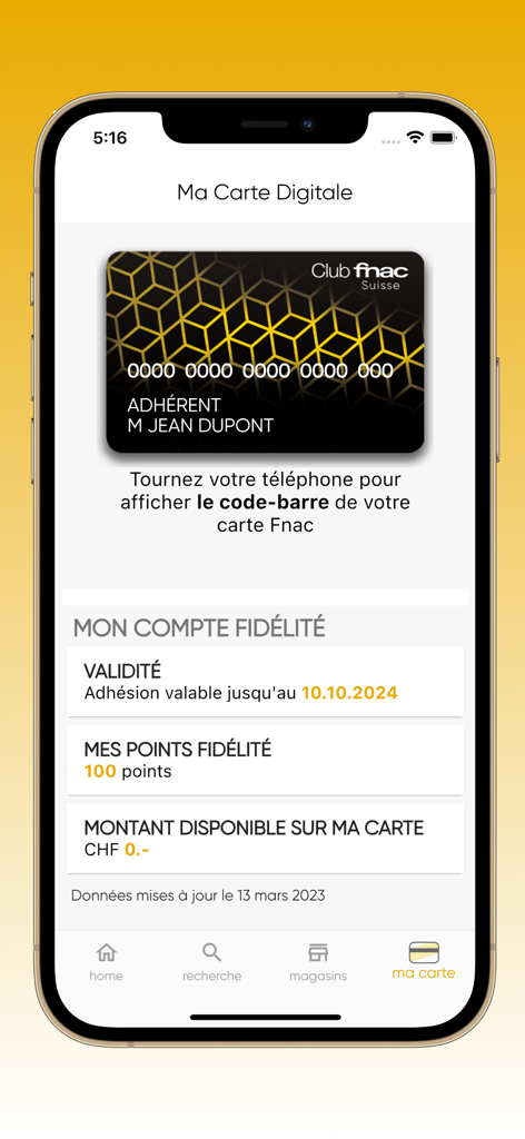 Schermata della tessera fedeltà digitale nell'app mobile Fnac Svizzera che mostra il saldo del conto e i punti fedeltà.