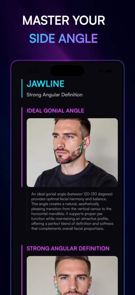 A screenshot of the Model Face AI app showing side profile jawline analysis and gonial angle measurement.