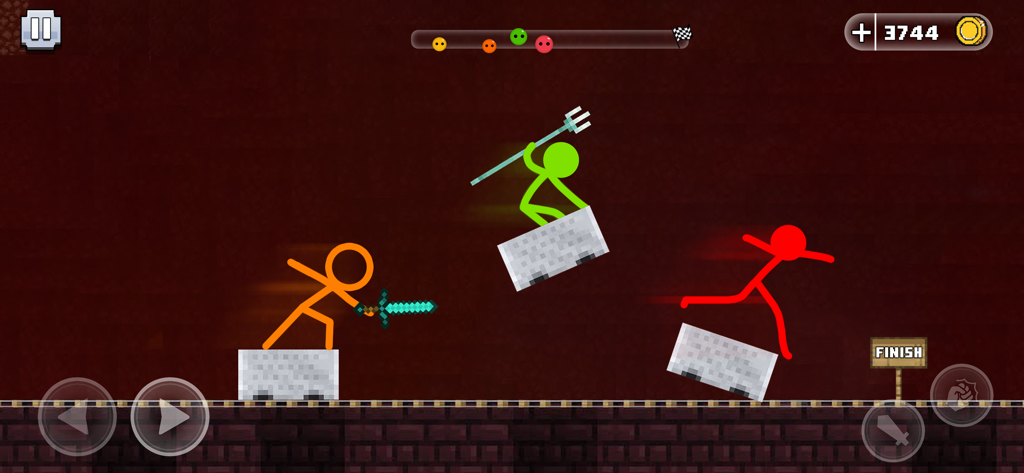 Stickman Parkour Race & Jump - Colored stickmen characters racing and jumping over blocks in a pixelated craft world level with weapons.