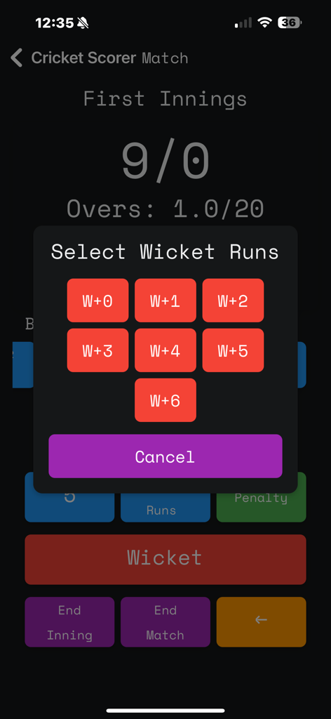 Gully Cricket Scorer - Auswahlmenü für erzielte Runs bei einem Wicket in der Gully Cricket Scorer App
