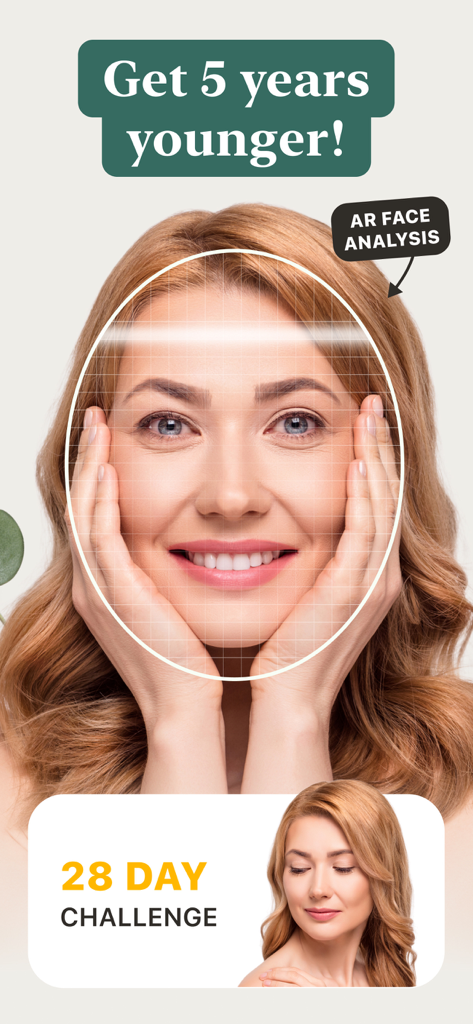 Woman using Mimika app for AR face analysis and 28 day anti aging challenge