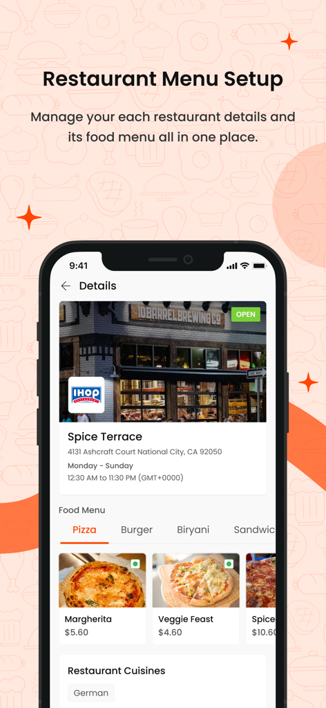 FoodMato Restaurant Partner - A mobile interface for the FoodMato Restaurant Partner app showing the menu setup page with categories like pizza and burger