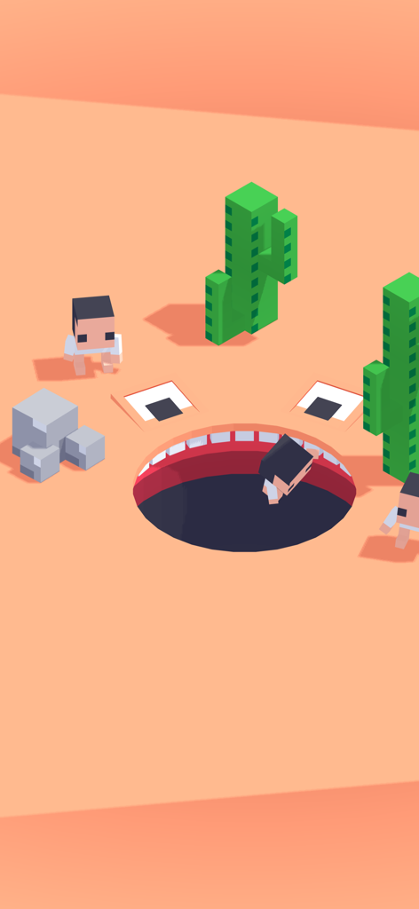 Gobble - Eat the World - A mouth shaped hole in a desert landscape eating voxel characters