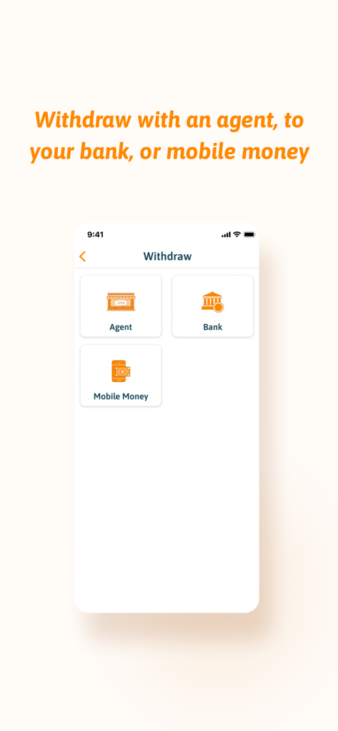 Schermata dell'app SafeBoda che mostra i metodi di prelievo per agenti bancari e mobile money