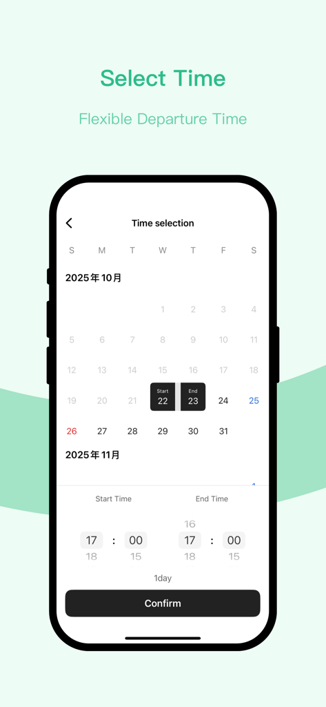 mimo share - Time selection screen in the mimo share app featuring a calendar and start and end time pickers for EV car sharing