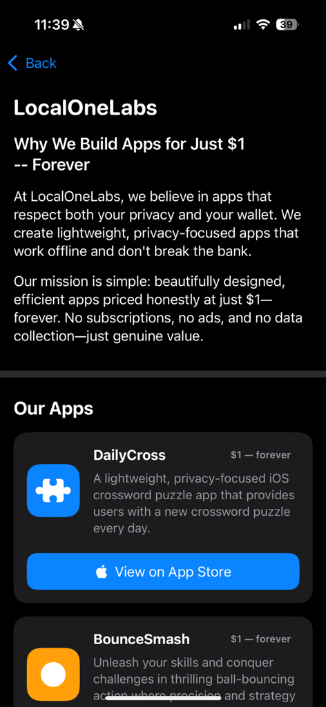 Dichiarazione di missione di LocalOneLabs per app focalizzate sulla privacy e senza abbonamenti