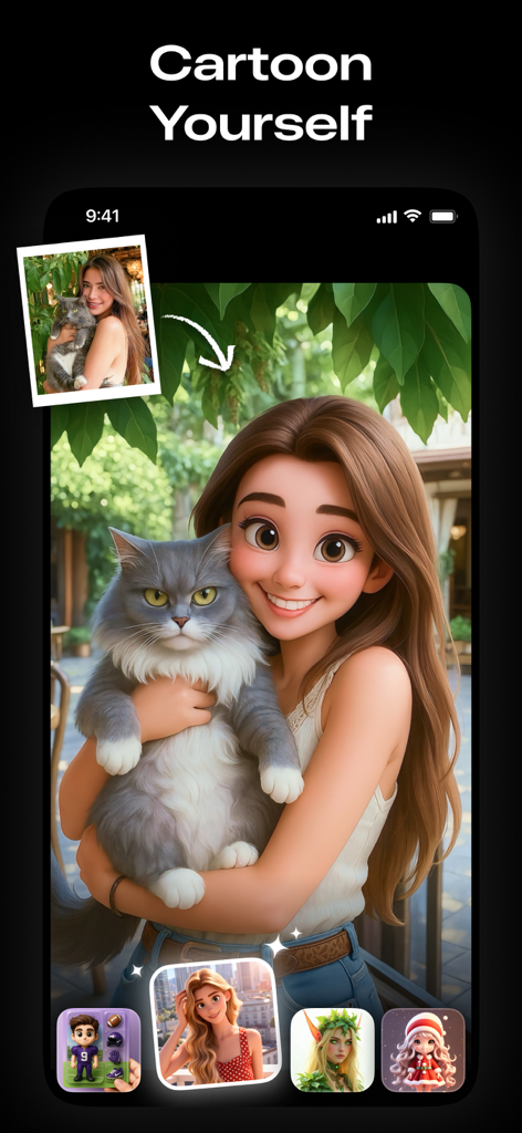 AI Photo Video Editor, Enhance - AI generated cartoon version of a woman holding a cat using a photo filter