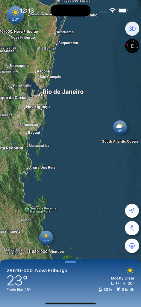 Tap Weather - Tap Weatherアプリの地図にリオデジャネイロ近郊のローカル予報が表示されています