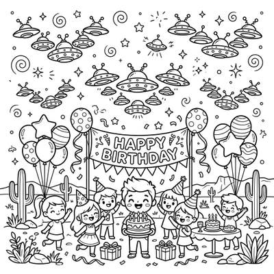 Blast off into a one-of-a-kind celebration with this whimsical Phoenix Lights Birthday Party coloring page! Bring this unique blend of extraterrestrial mystery and birthday joy to life with your favorite colors.