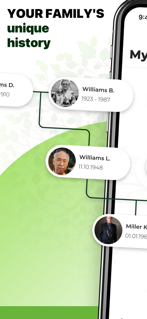 Family Tree: Heritage History - A mobile app screen displaying a visual family tree with profile photos, names, and life dates of relatives.