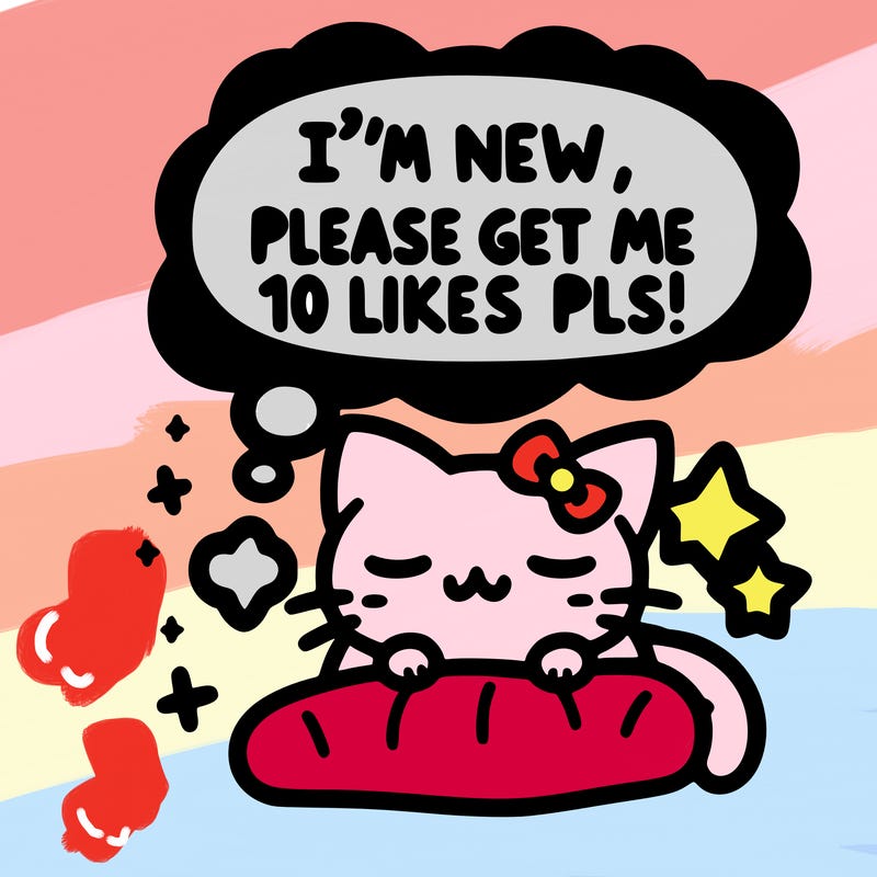 kitty taking a nap dream talking and saying "i'm new, please get me at least 10 likes pls!!"