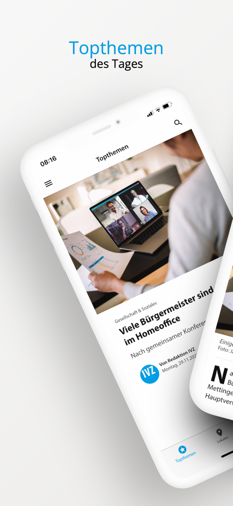 IVZ-aktuell - iPhone-Bildschirm, der den Top-News-Bereich der IVZ-aktuell-App anzeigt