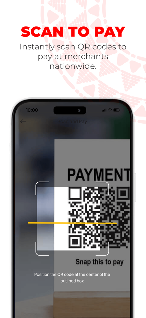 M-PESA Lehulum - Interfaz de la aplicación M-PESA Lehulum que muestra un escáner de código QR para pagos instantáneos a comercios.