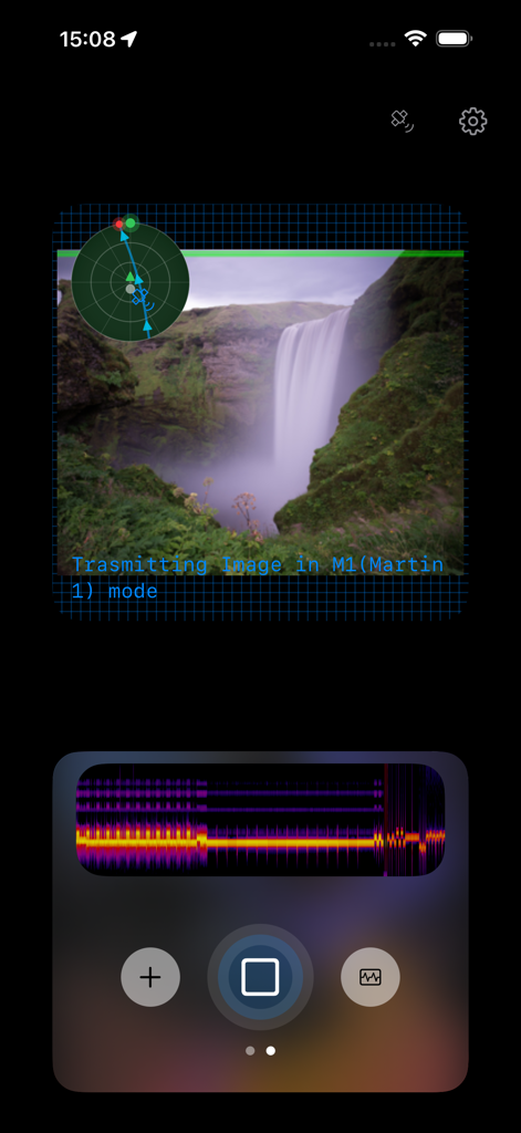 SSTV app interface transmitting a waterfall image in Martin 1 mode with a signal spectrogram display