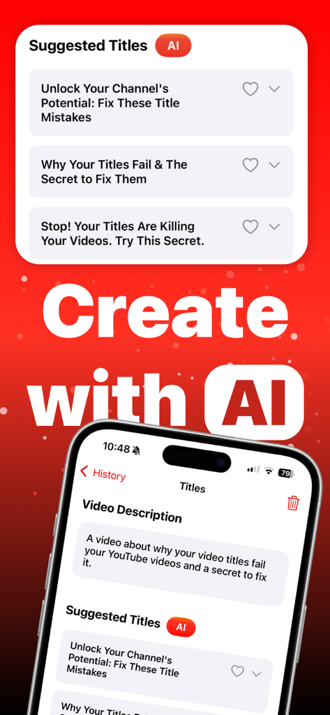 A screenshot of the Creatipi app showing AI suggested video titles for YouTube creators based on a video description.
