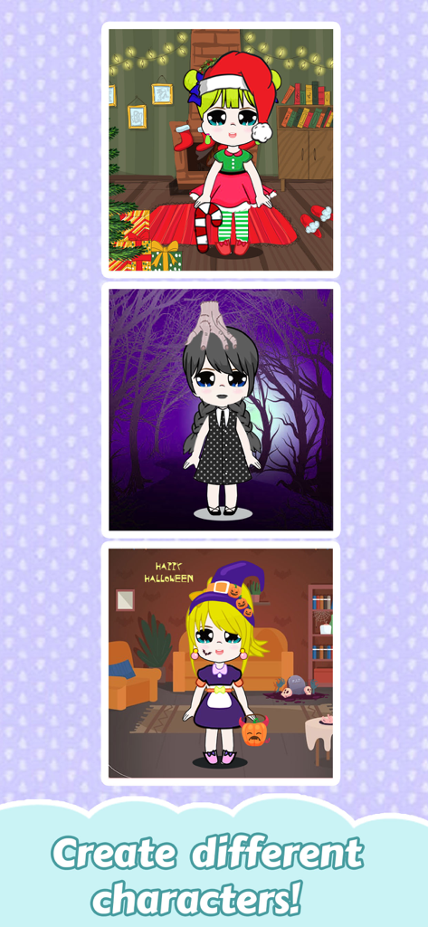 Dress Up Doll Games - Showcase of different chibi doll characters with holiday and gothic themes in the game
