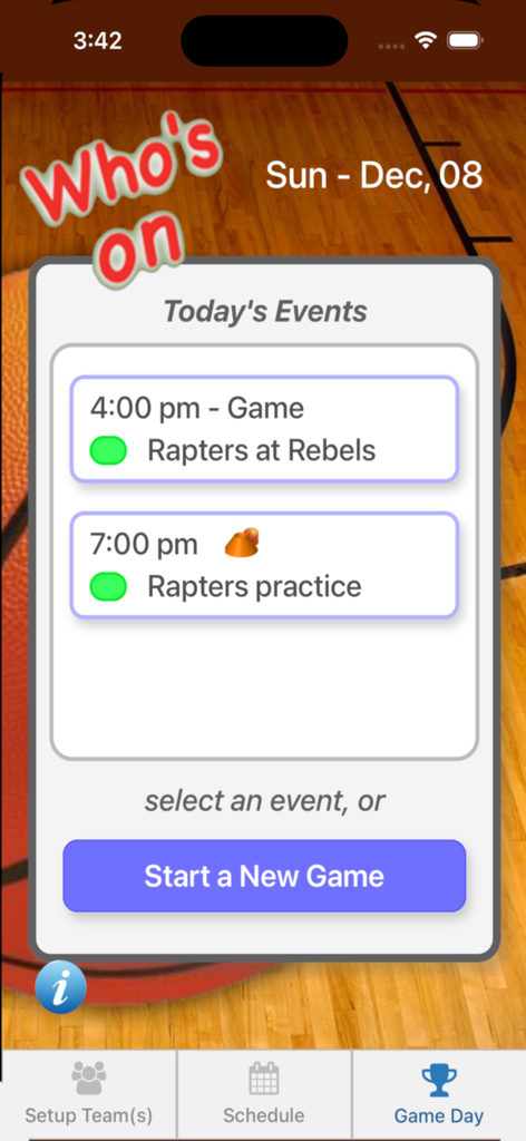 Who's On - Basketball - Screenshot of the Who's On Basketball app showing a game day schedule with upcoming games and practices.