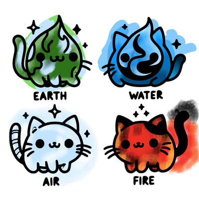 4 cats that represent the different elements, earth, water, air, and fire