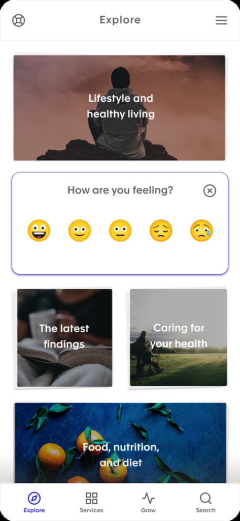 Lyra Wellbeing Hub Explore-Bildschirm mit Stimmungs-Tracker und Gesundheitsartikeln