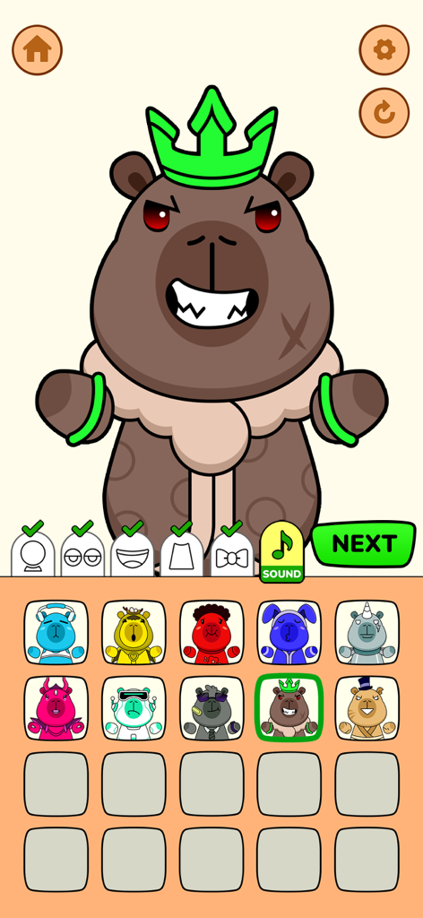 Capybara Makeover - Pantalla de personalización de personajes en el juego Capybara Makeover con una capibara marrón con una corona verde