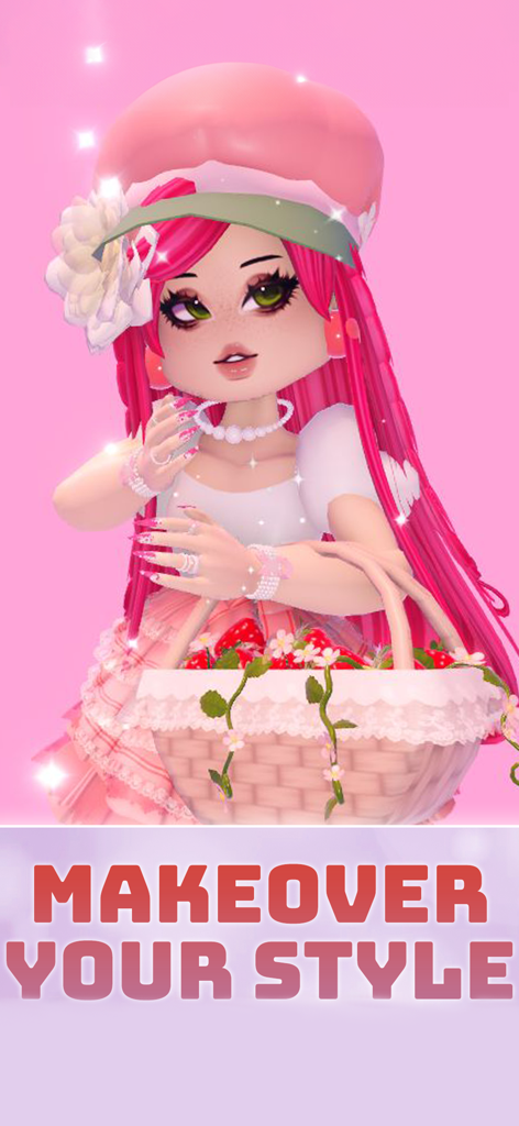 Famous Fashion Roblox Star - A pink Roblox style avatar with pink hair holding a strawberry basket in a fashion game