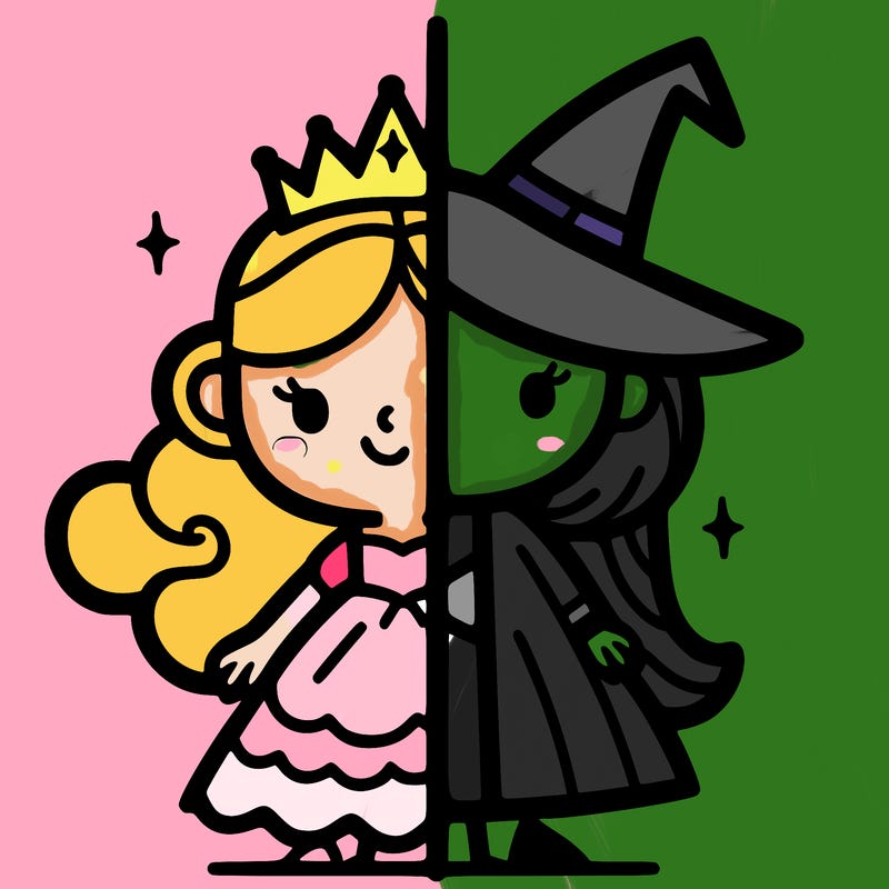 detailed split of a princess and a witch