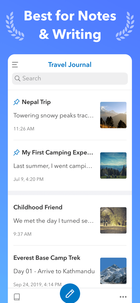 UpNote app display showing a travel journal with notes and images about trips
